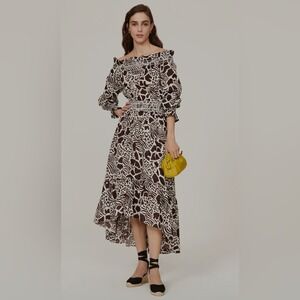 Adam Lippes Collective Zebra Leopard Print Off Shoulder Smocked Midi Dress 8